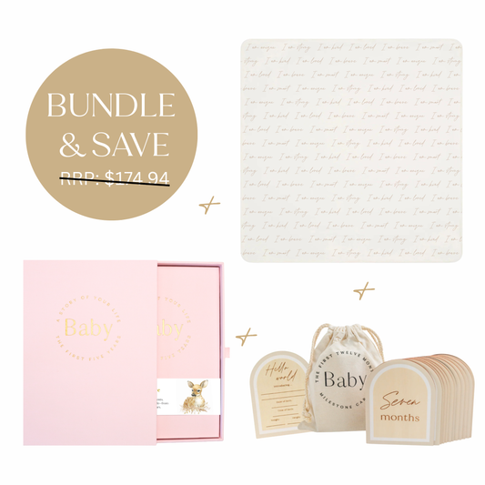 Baby Bundle 1 – Organic Swaddle Wrap, Milestone Cards & Memory Book Gift Set