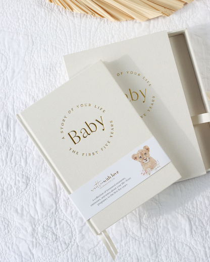 Baby Journal Memory Book with Keepsake Box - Baby Lion - Boho Safari - Written With Love
