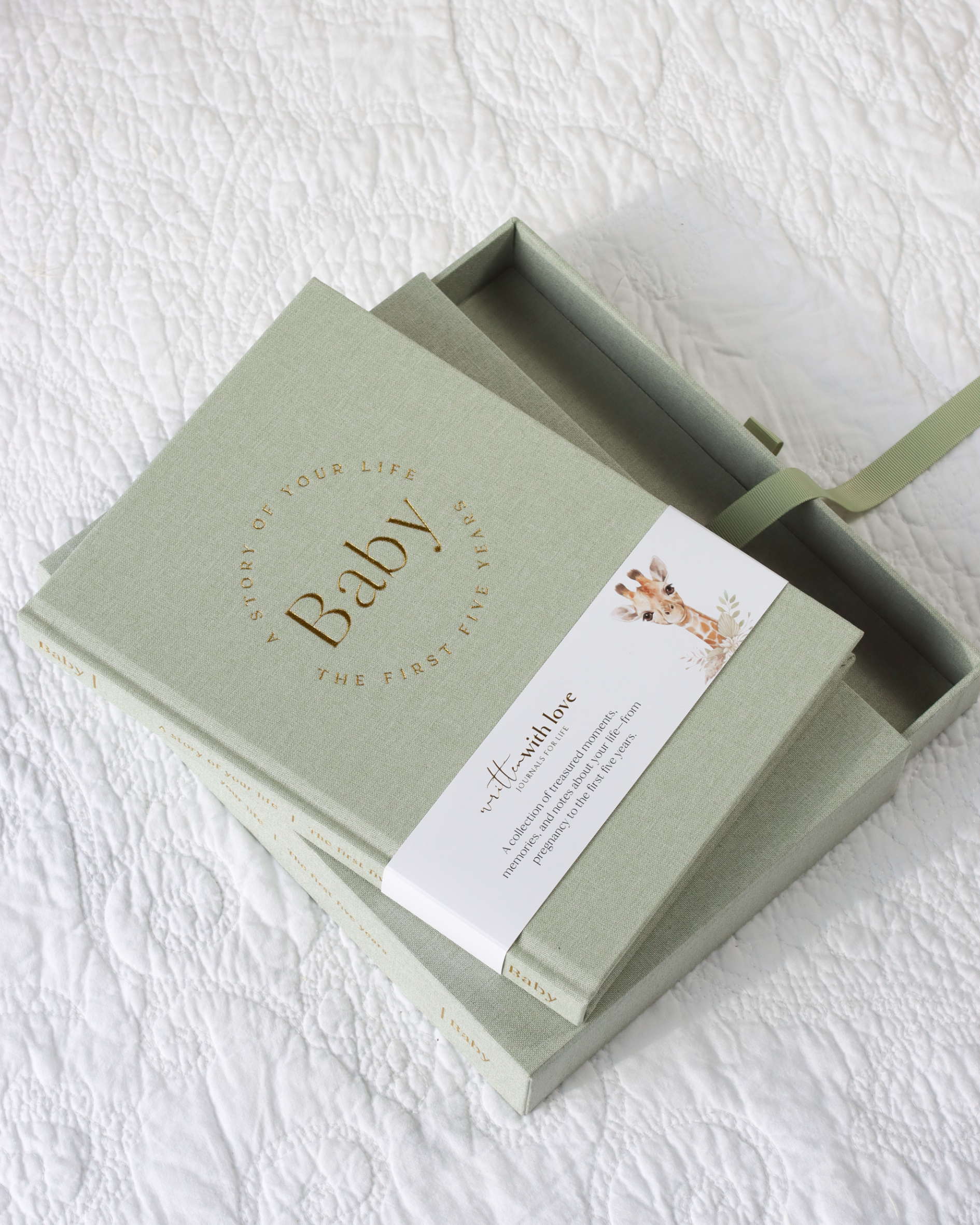 Written With Love Baby Memory Book with Keepsake Box - Pregnancy to 5 Years - Sage Green