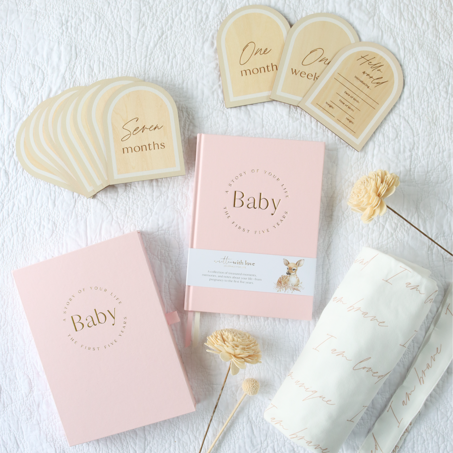 Baby Bundle 1 – Organic Swaddle Wrap, Milestone Cards & Memory Book Gift Set