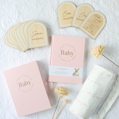 Baby Bundle 1 – Organic Swaddle Wrap, Milestone Cards & Memory Book Gift Set